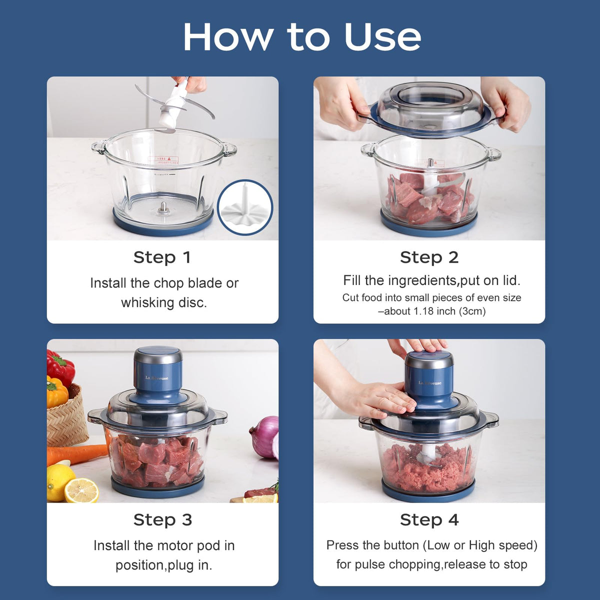 La Reveuse Electric Food Processor, 7-Cup Glass Bowl, 300W, Blue