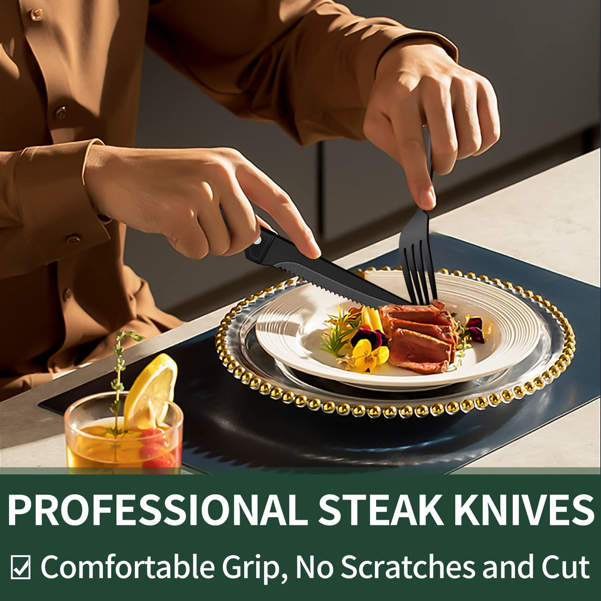 Black Stainless Steel Silverware Set with Steak Knives (24 Piece)