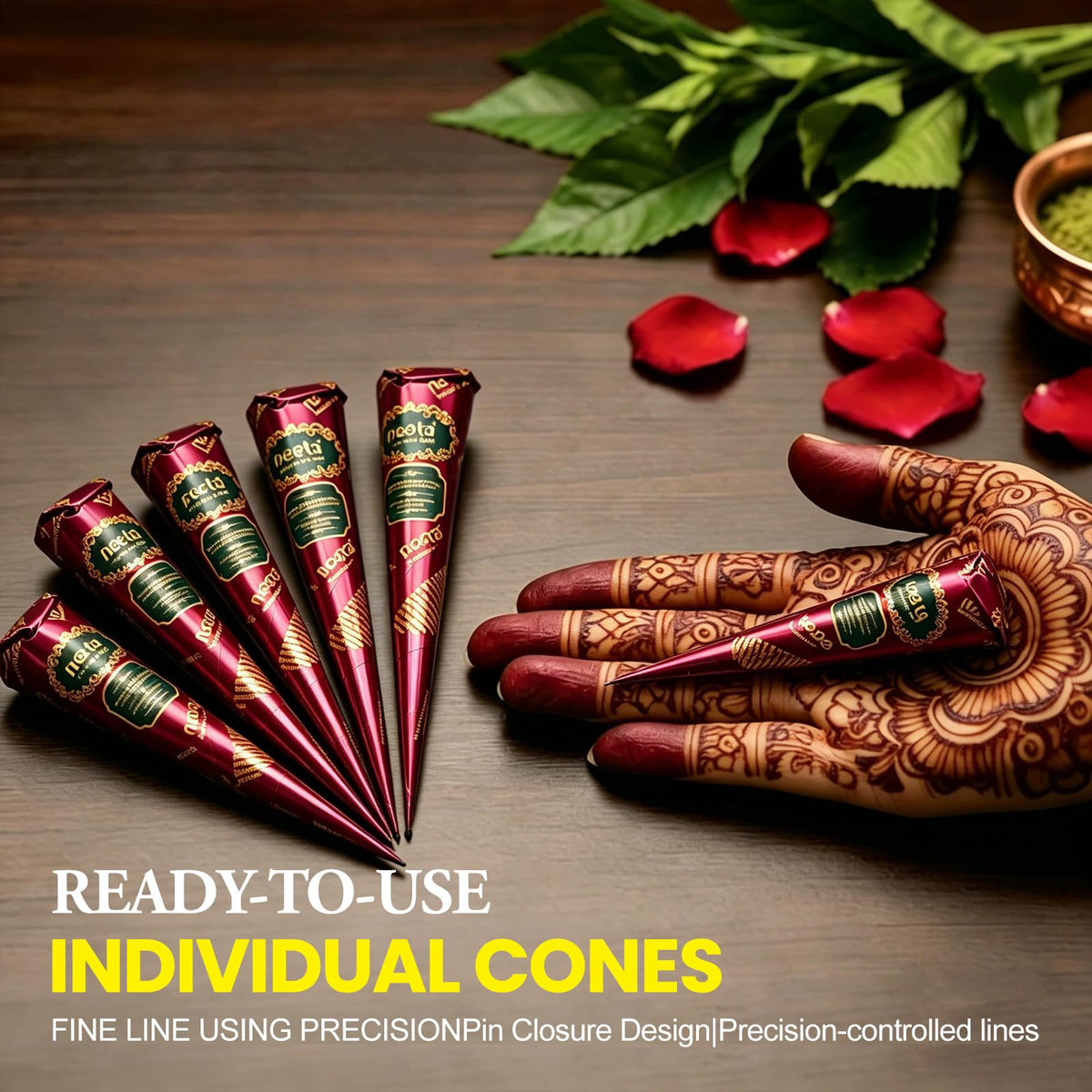 Natural Henna Paste Cones with 8 Stencils, Reddish Brown (4 Pack)