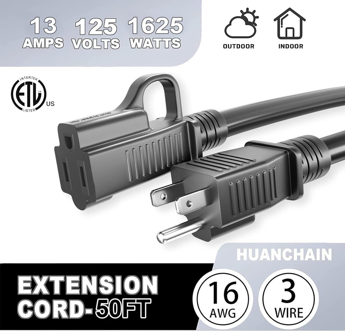 HUANCHAIN Indoor/Outdoor Extension Cord, 50 ft, 16/3, Black