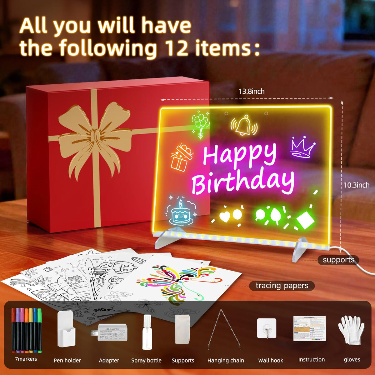 LumiBoard LED Drawing Board for Kids, 13.7 x 10 in, 7 Markers