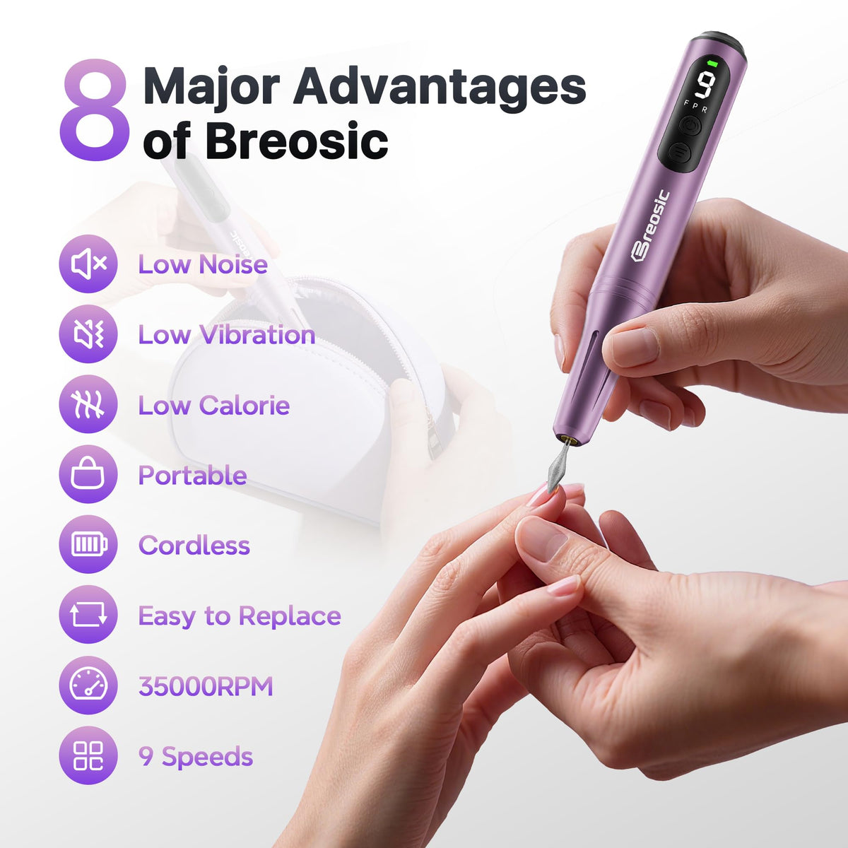 Breosic Electric Nail Drill 35000RPM, 12-in-1, Purple