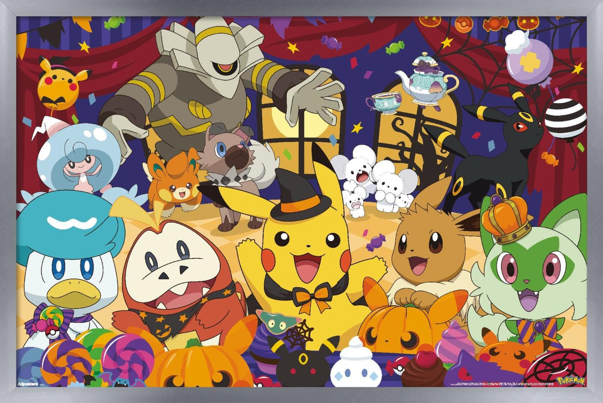 Pokémon Halloween Party Wall Poster, 34" x 22.4", Silver Framed