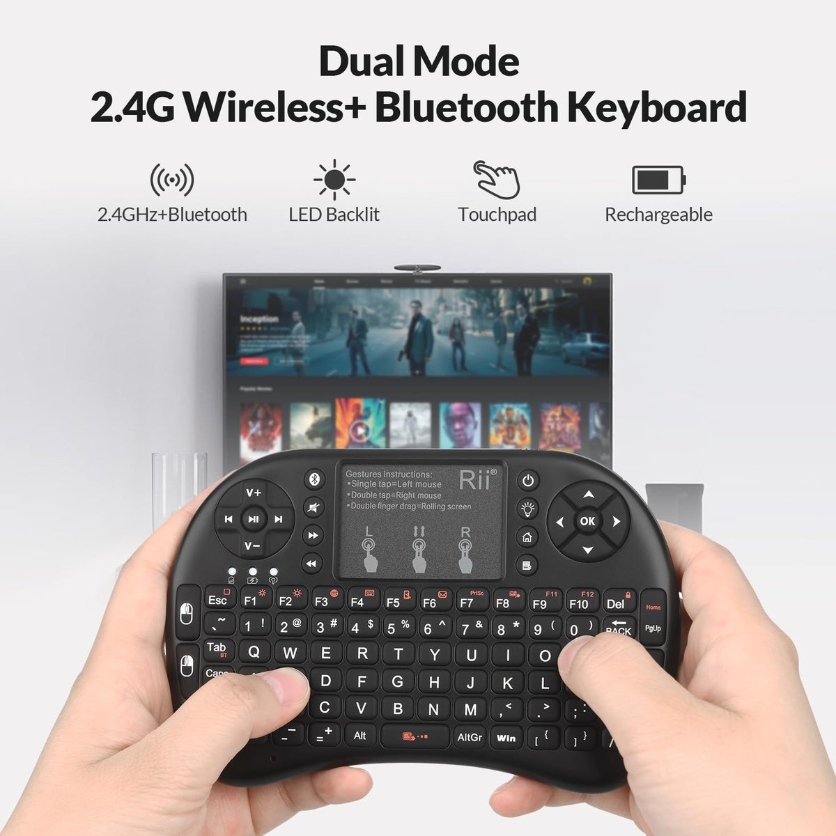 Rii i8+ Mini Wireless Bluetooth Keyboard with Touchpad, LED Backlit