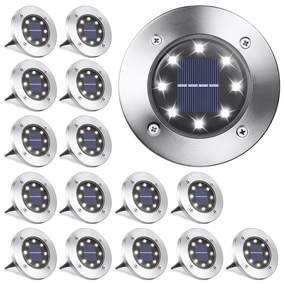 LYHOPE 8-LED Solar Ground Lights, 16-Pack, White