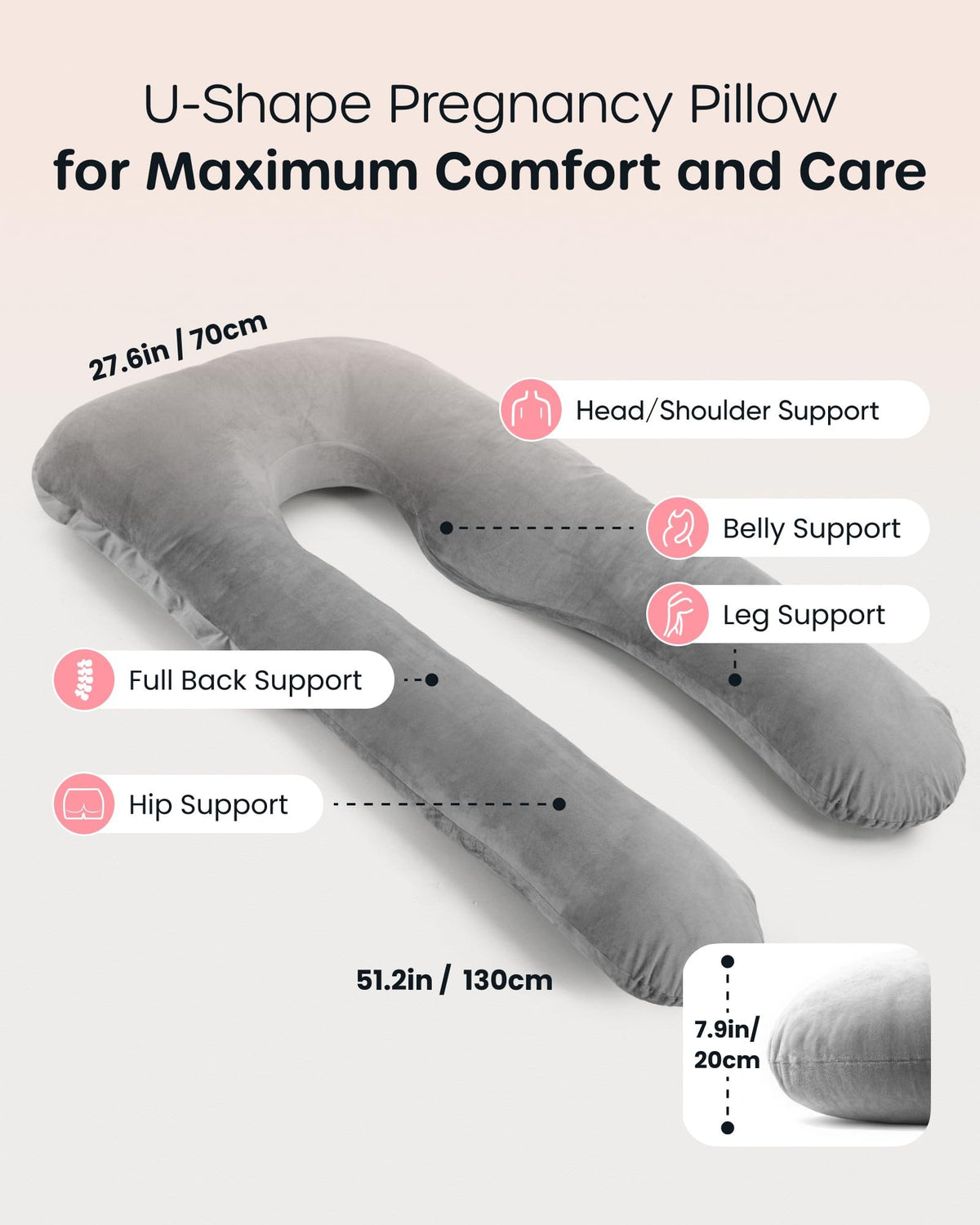 Nuliie U-Shaped Full Body Pregnancy Pillow, Grey