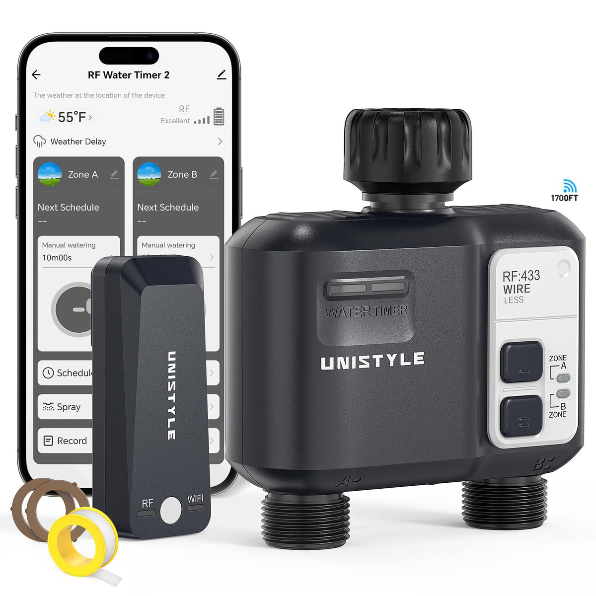Unistyle WiFi Sprinkler Timer, 2 Zone, 1700FT, Alexa/Google Compatible