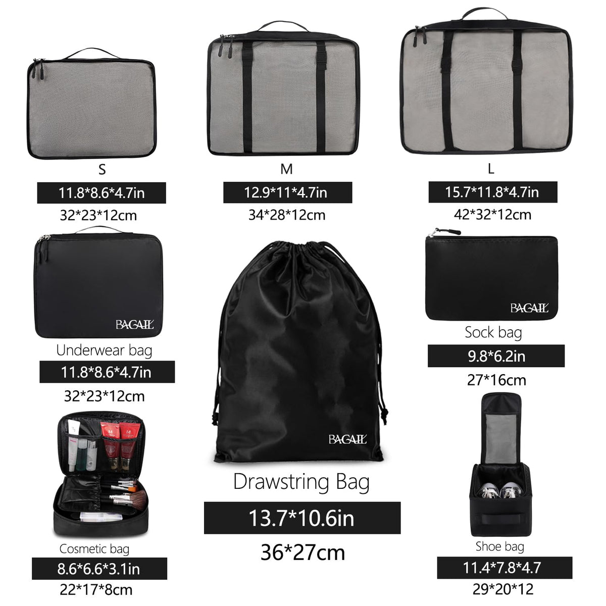 BAGAIL 8-Piece Packing Cubes Set, Jet Black