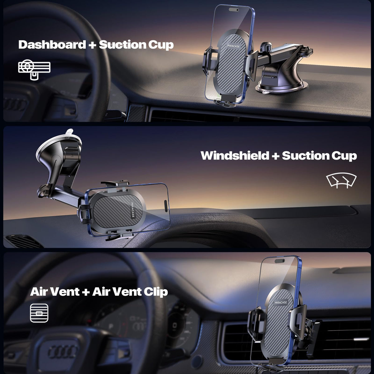 Miracase Car Phone Holder with Suction Cup and Vent Hook, 4-7.2 inch