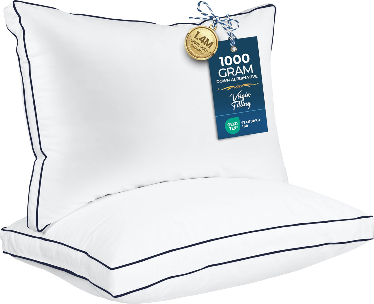 Utopia Bedding Gusseted Bed Pillows, Queen, Navy Hem, Set of 2