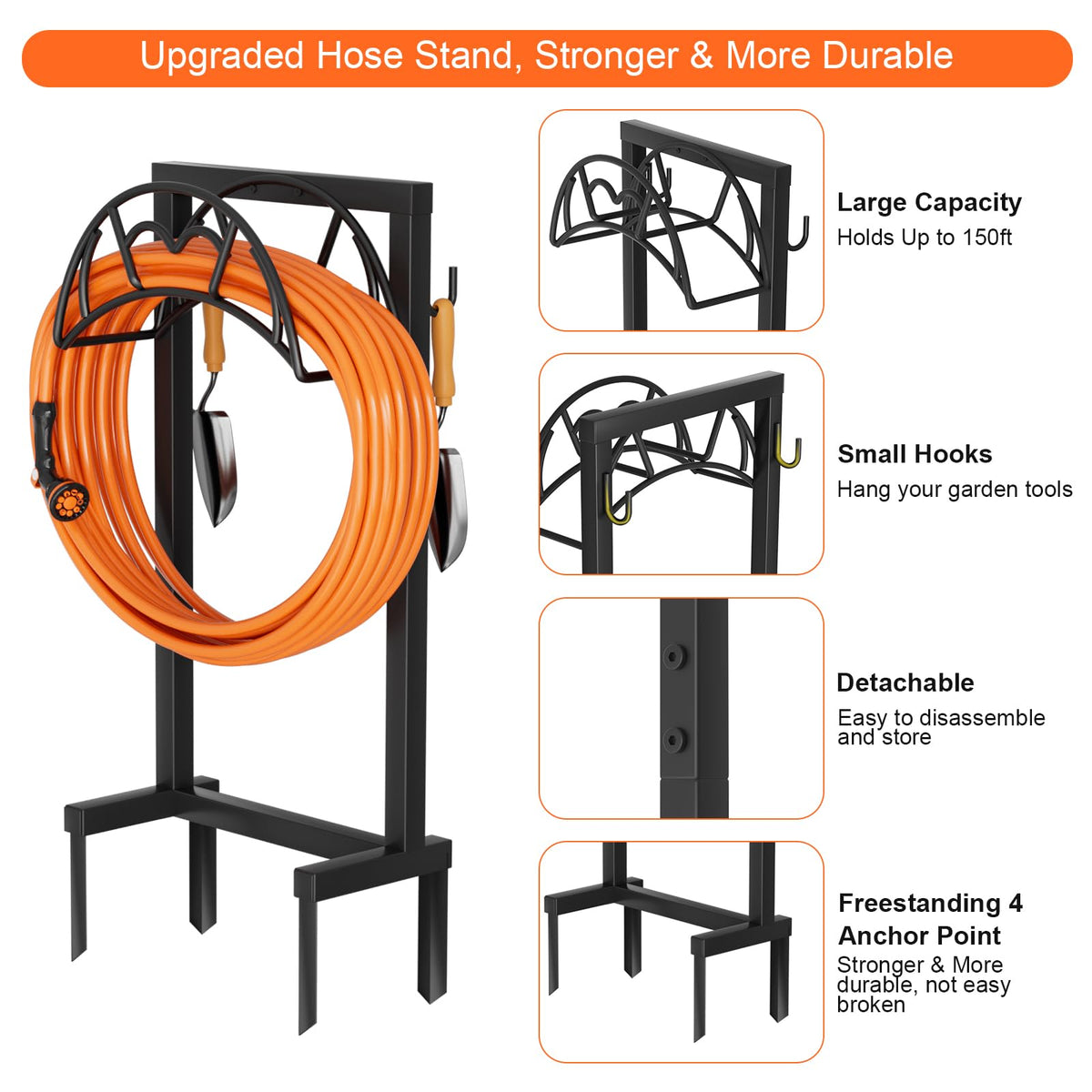 Freestanding Garden Hose Holder, Metal, 150 ft, Black