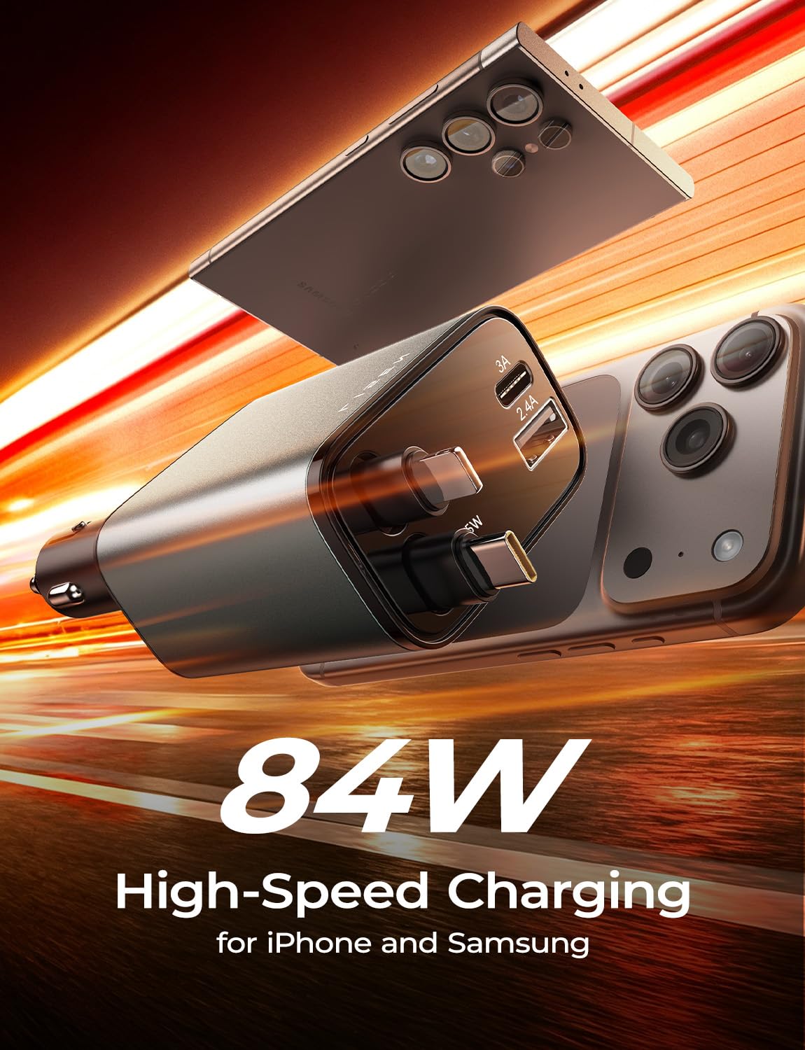 LISEN Retractable Car Charger, 84W USB C
