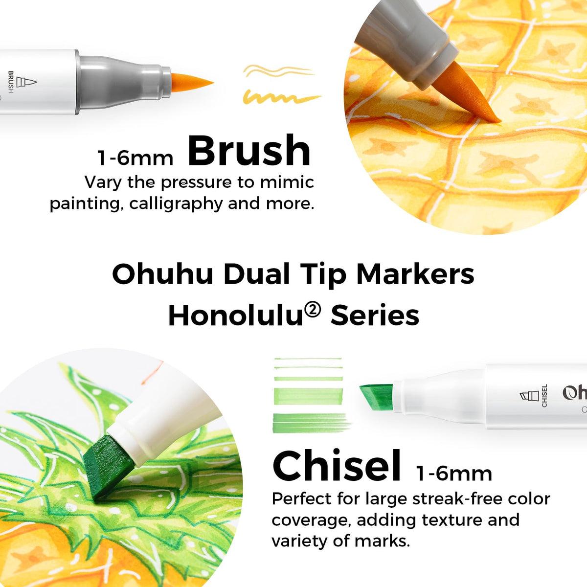 Ohuhu Honolulu 2 Brush & Chisel Dual Tip Alcohol Markers (48 Colours)