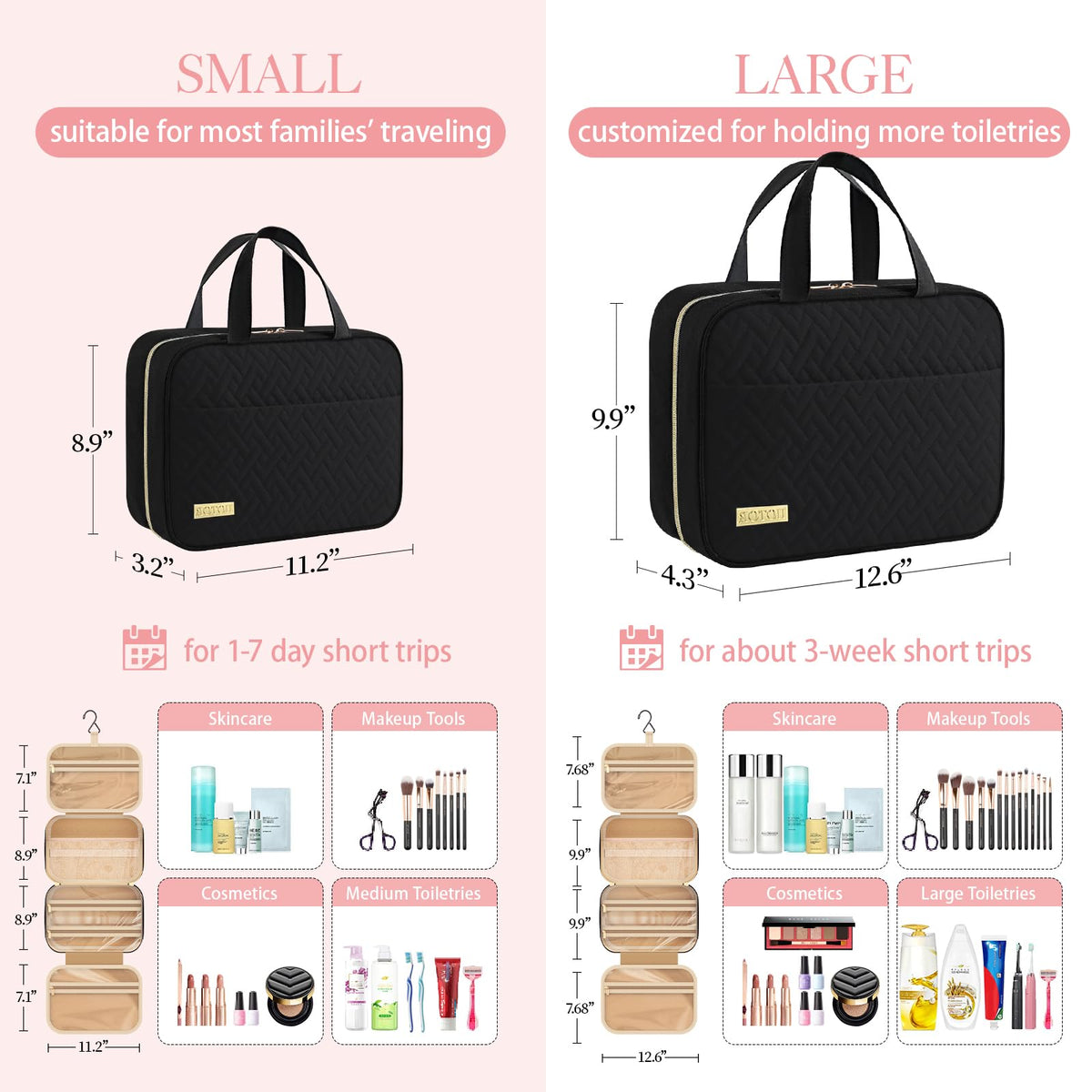 HOTOR Travel Toiletry Bag with Hanging Hook, Black