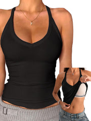 Danysu V-Neck Cotton Tank Top with Built-In Shelf Bra, Black, L