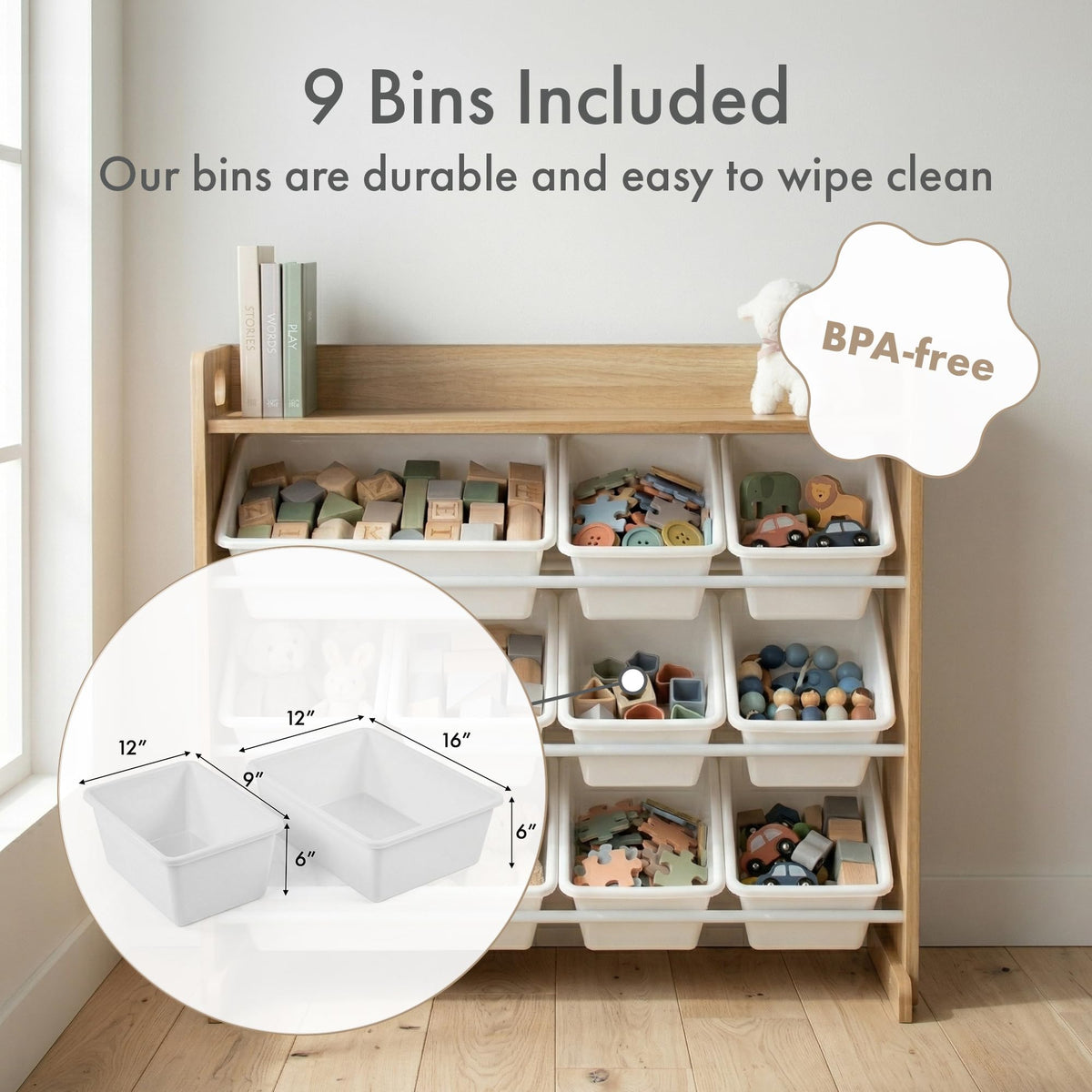 Humble Crew Toy Storage Organizer with 9 Removable Bins, Natural/White
