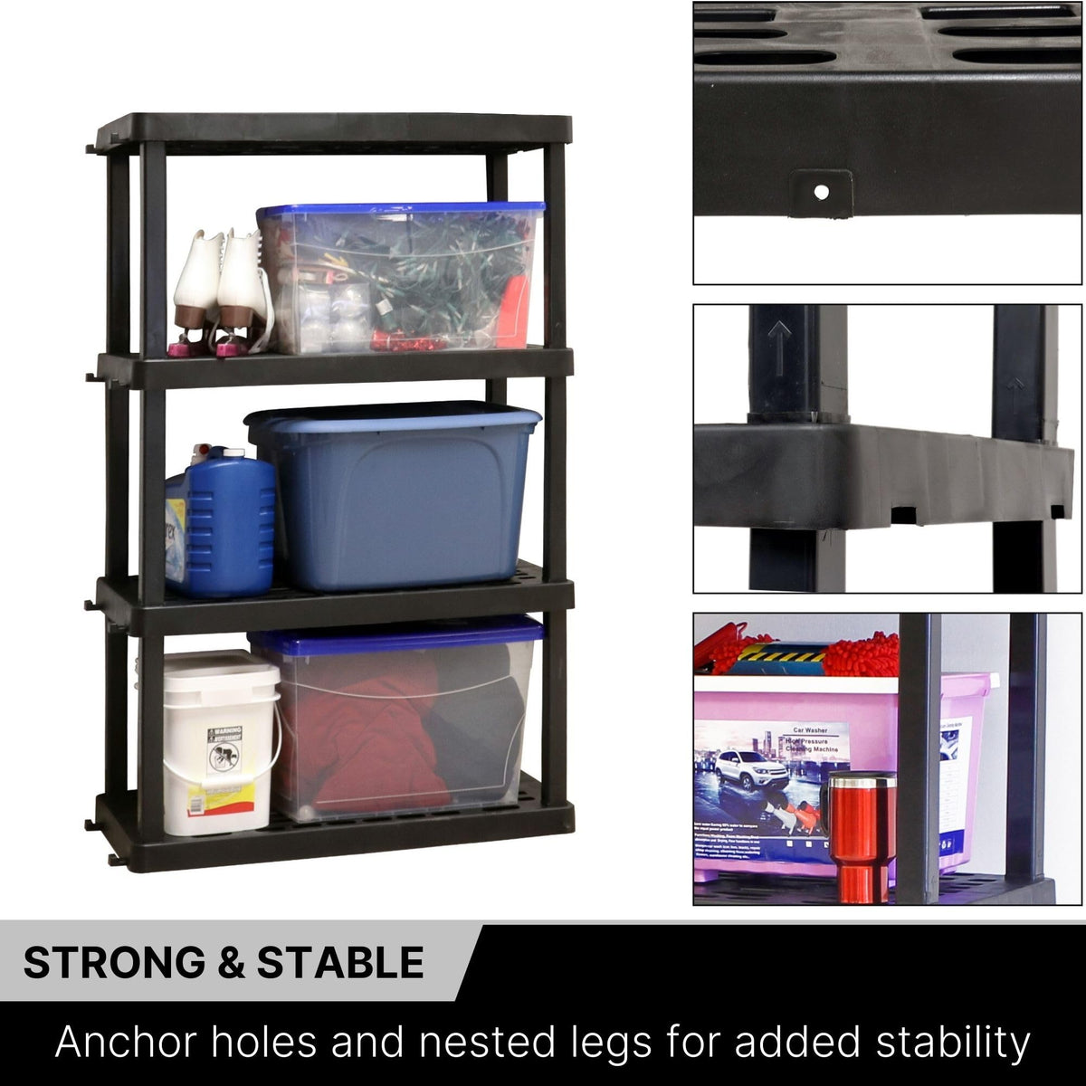 Koolatron Oscar Heavy Duty Plastic Storage Shelves, 4-Tier, Black