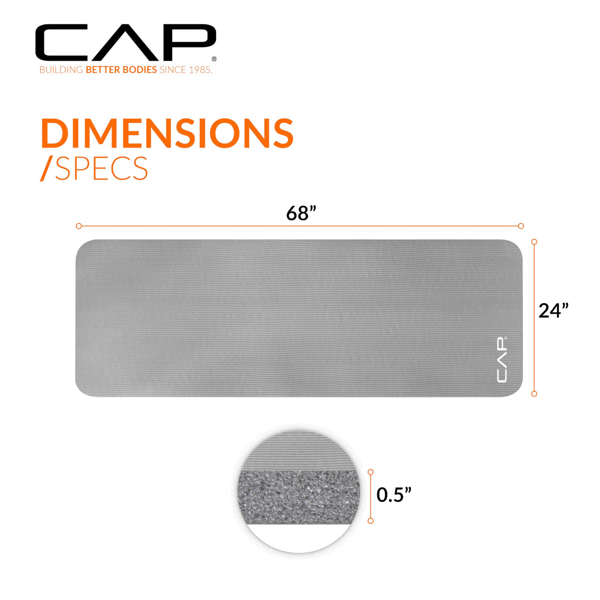 CAP Barbell High-Density Exercise Mat, 68" x 24", 12 mm, Grey