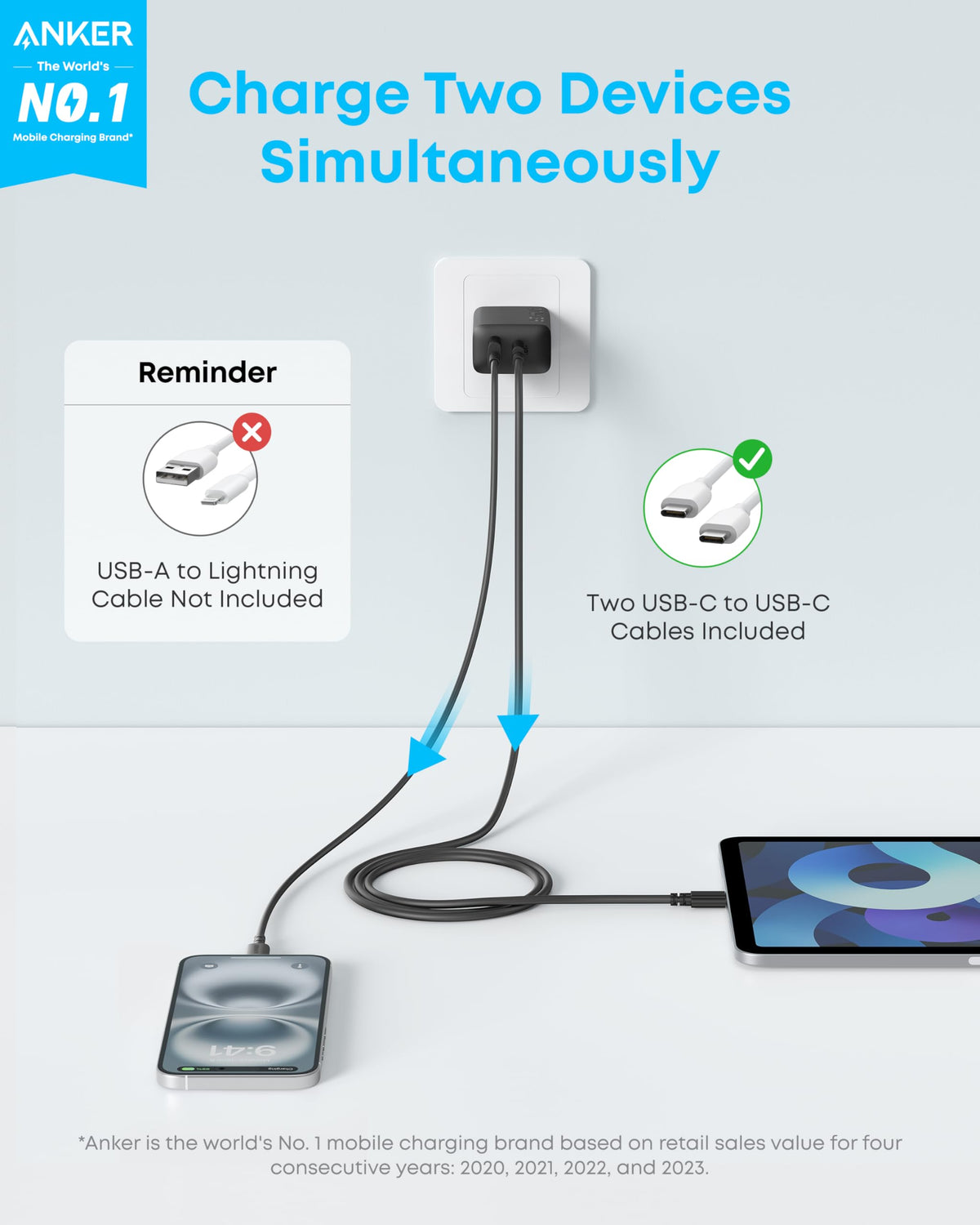 Anker 20W USB-C Fast Charger, 2 Pack with 2 Cables, Black