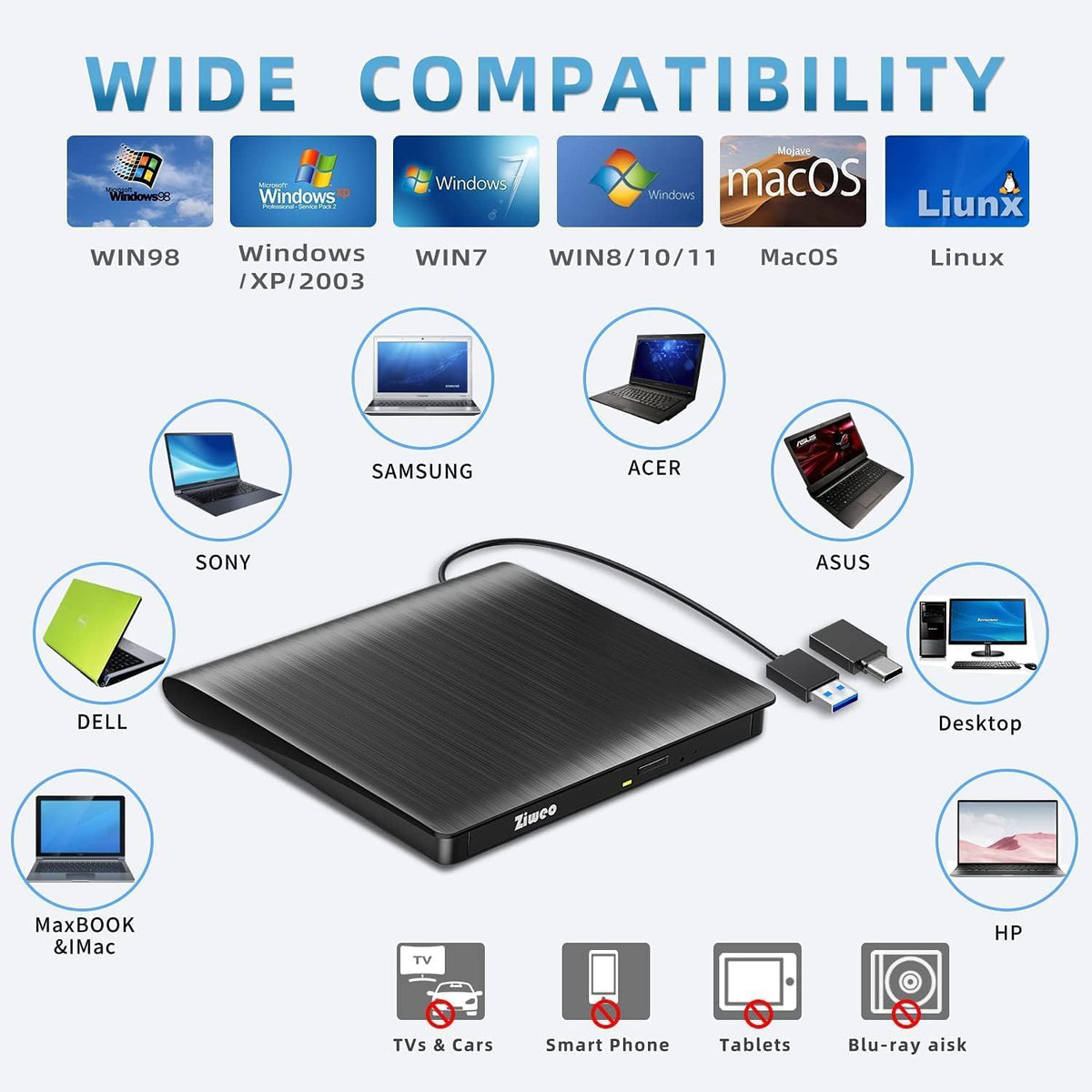 Portable USB 3.0 Type-C External CD/DVD Drive