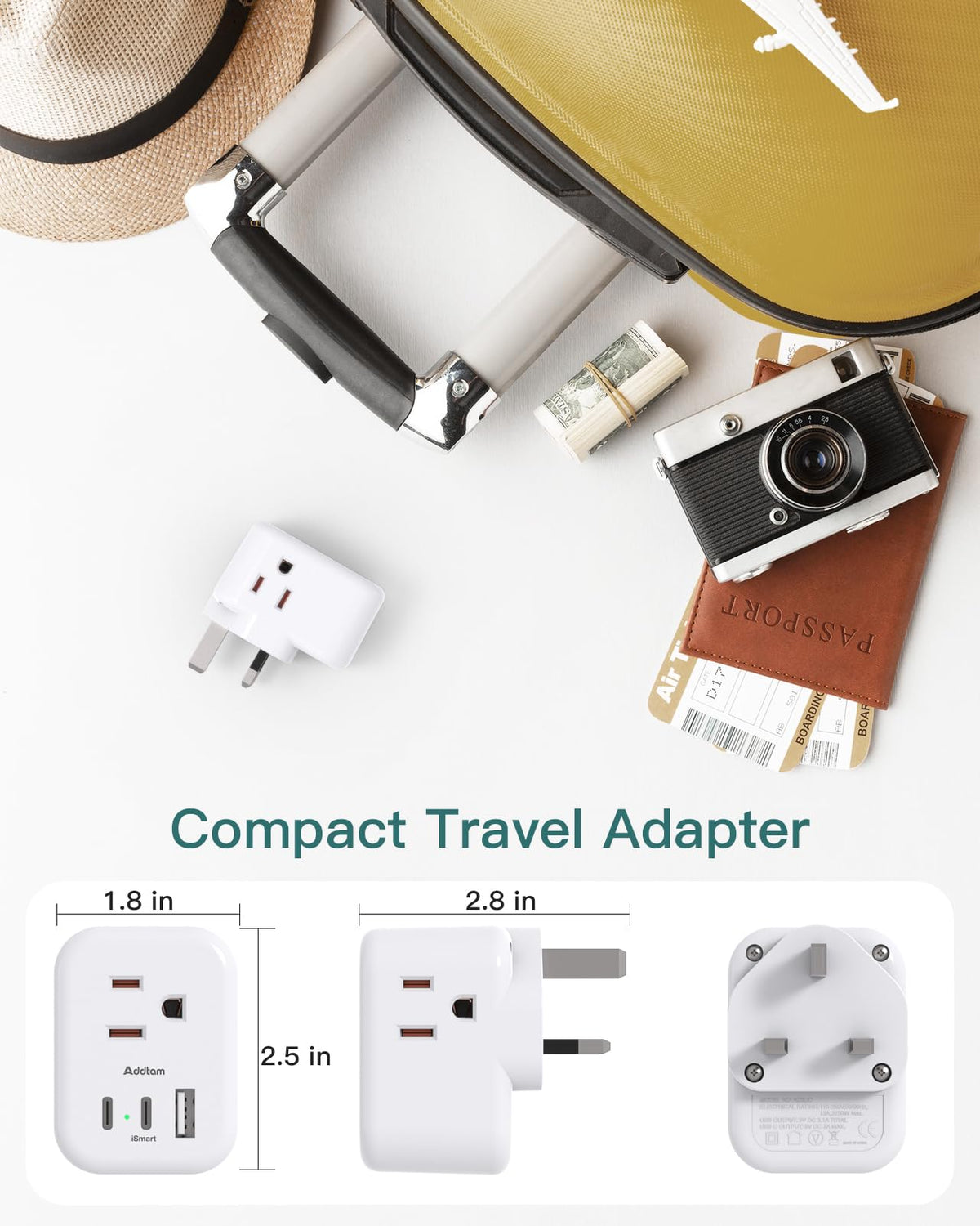 Addtam Type G UK Travel Plug Adapter, 3 AC Outlets, 3 USB, 2 Pack