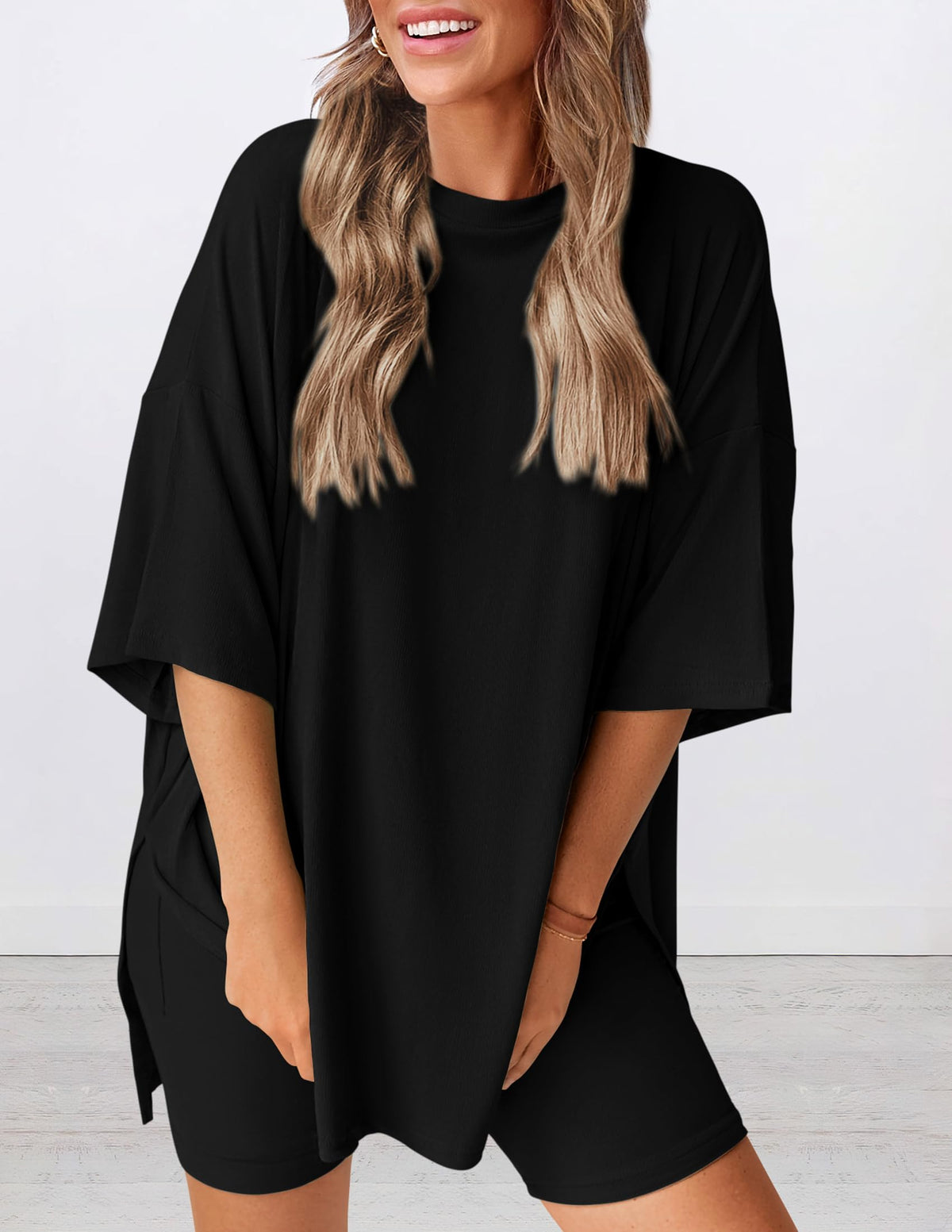 PRETTYGARDEN Two-Piece Tee and Biker Shorts Set, Black, Large