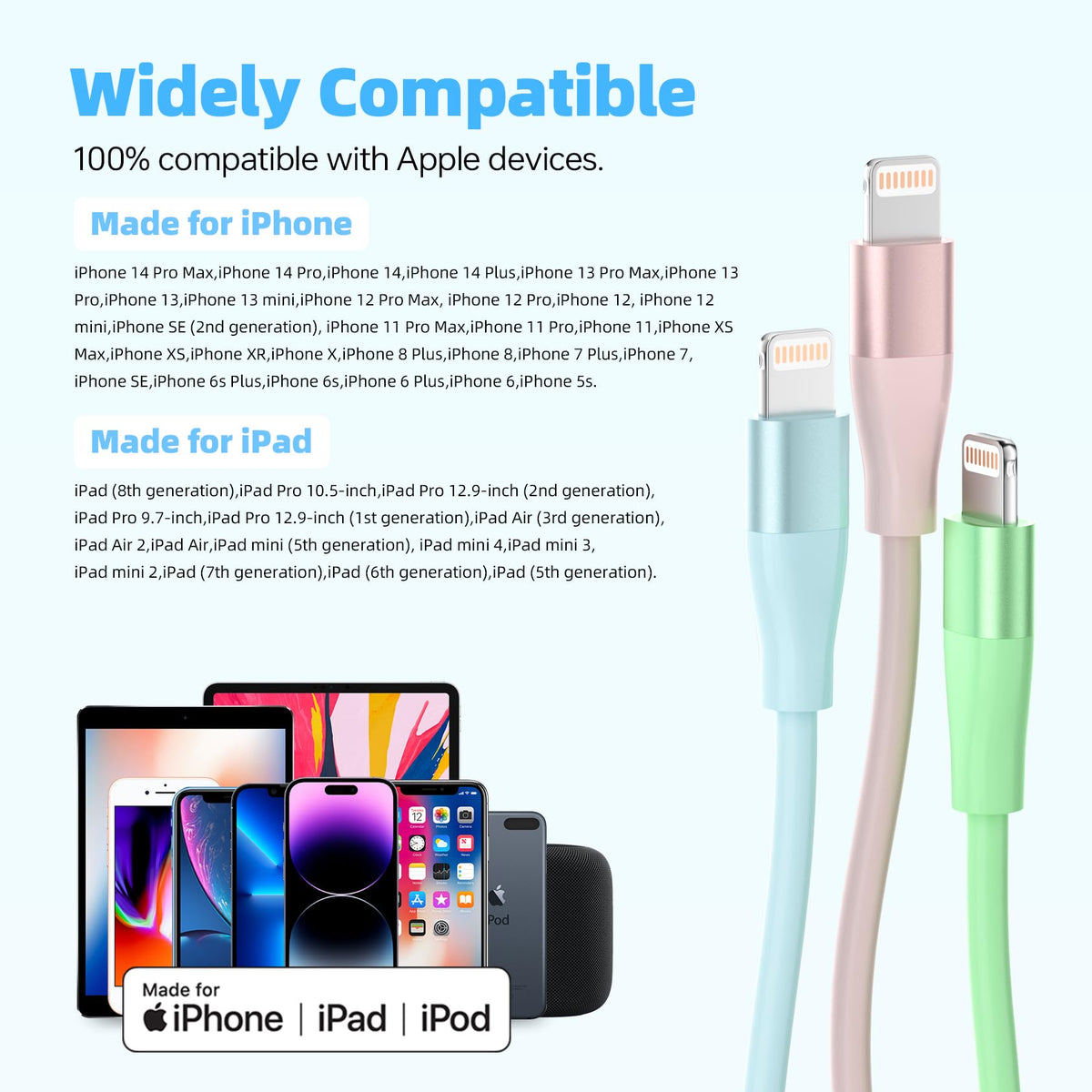 Bkayp iPhone Lightning Cable, 10 FT, 3 Pack, Multi Color