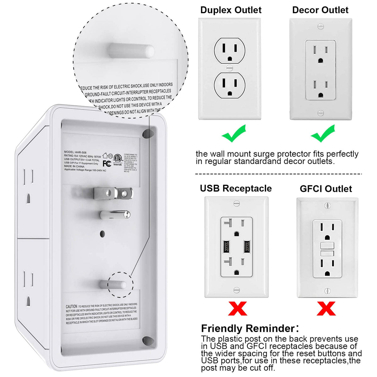 Powrui 3-Sided Power Bar, 6-Outlet, 3 USB Ports, Night Light, White