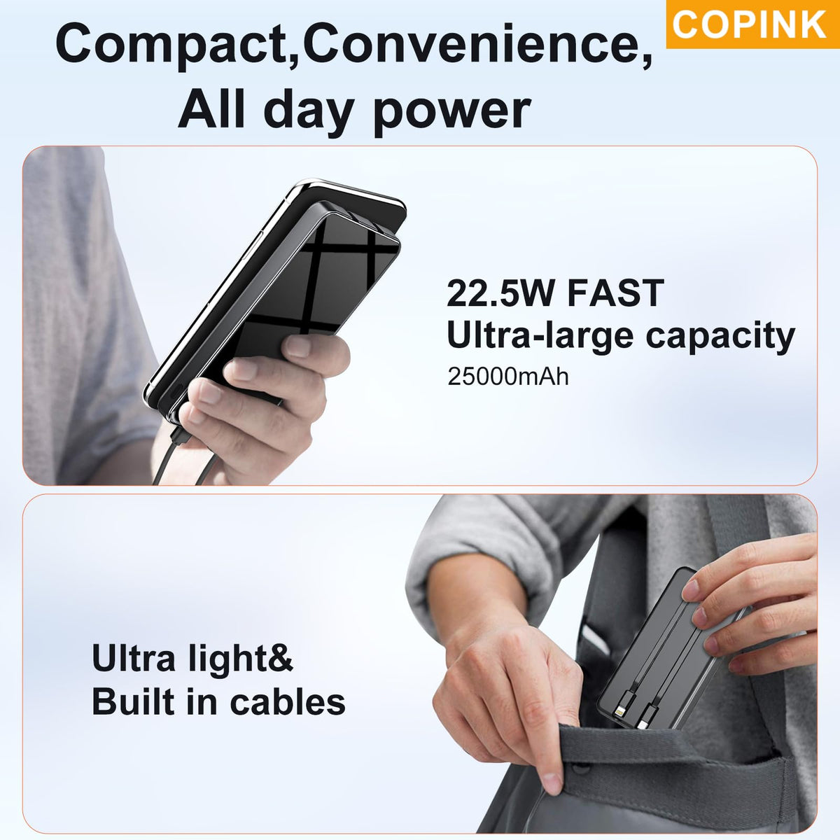COPINK Power Bank with Built-In Cables, 25,000mAh