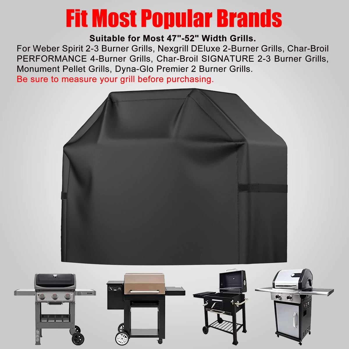 VIBOOS Waterproof BBQ Grill Cover, 52 in, Black