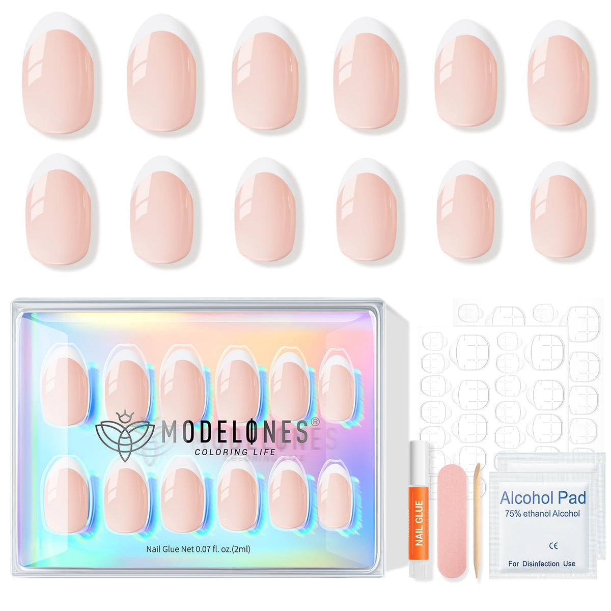 Modelones French Tip Press On Nails, Short Oval, 32 Pieces, Nude