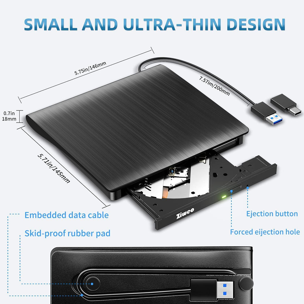 Portable USB 3.0 Type-C External CD/DVD Drive