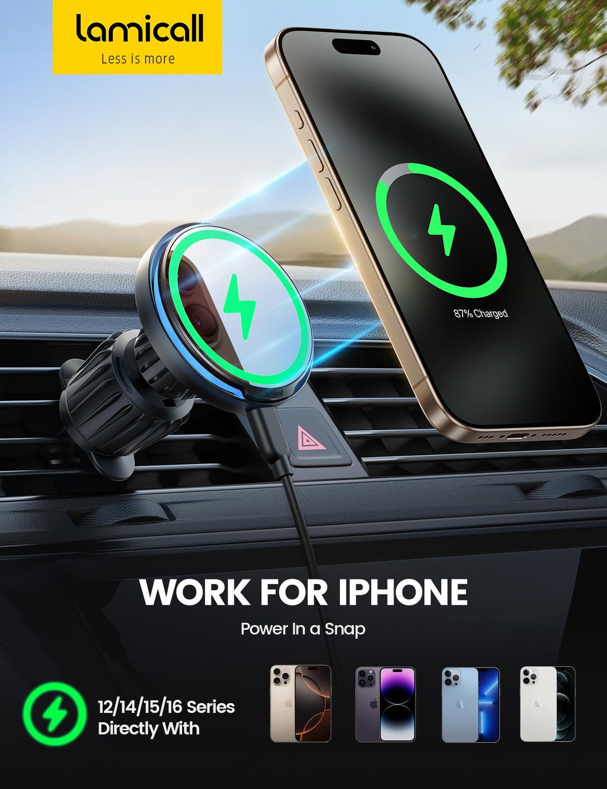 Lamicall MagSafe Car Mount Charger, 15W Wireless