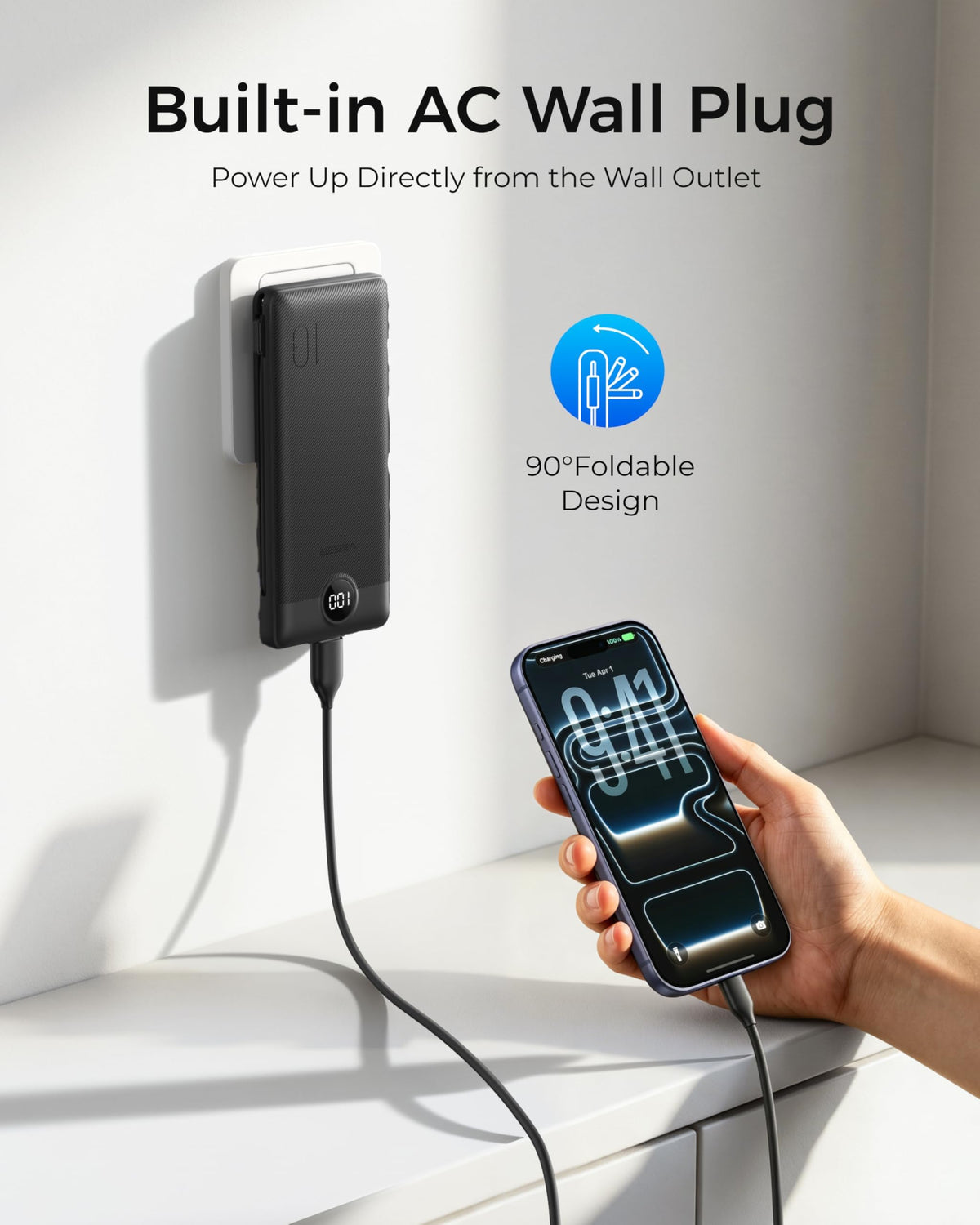 VEGER Portable Charger with Built-in Cables, 10000mAh, Black