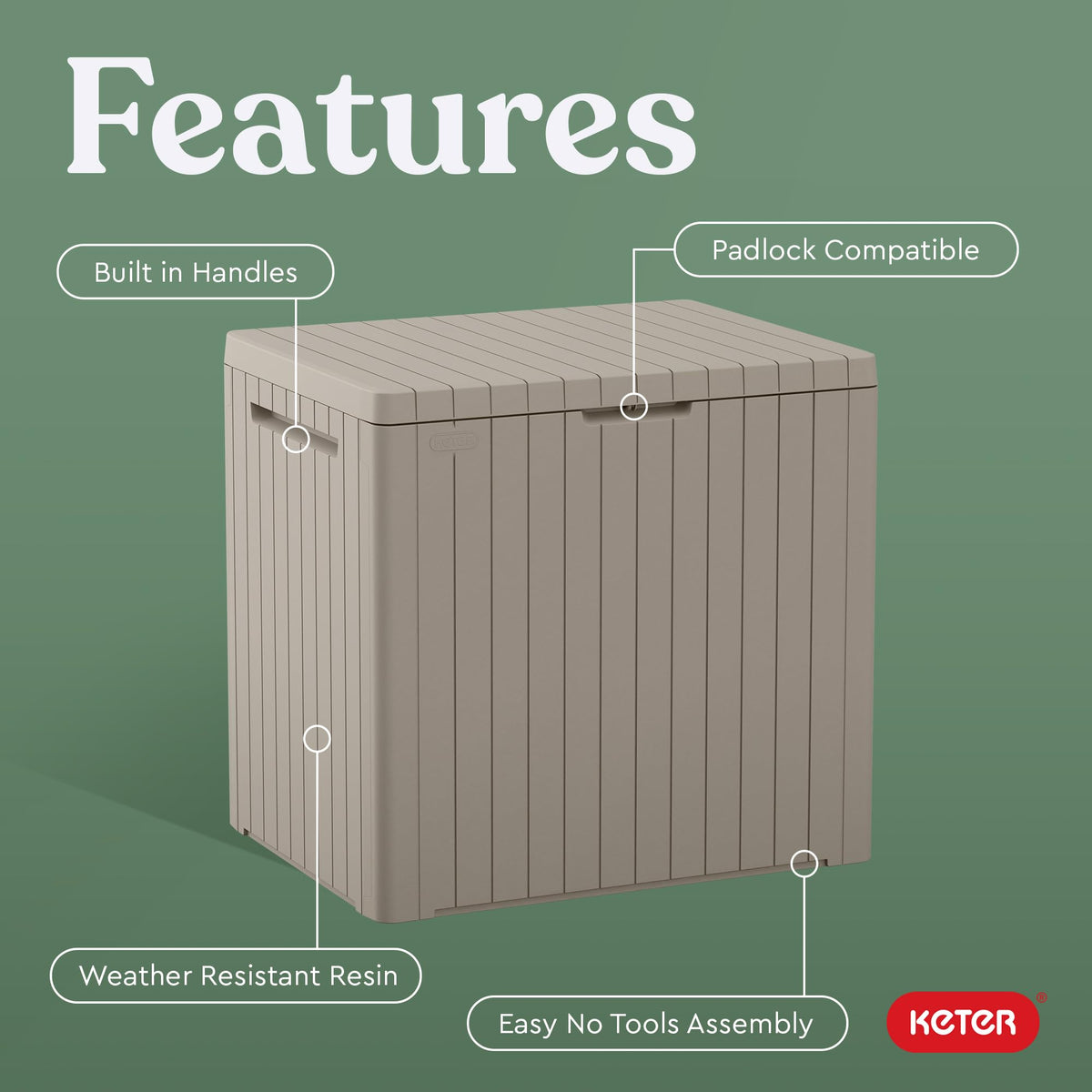Keter City 30 Gallon Resin Outdoor Storage Box and Side Table, Beige