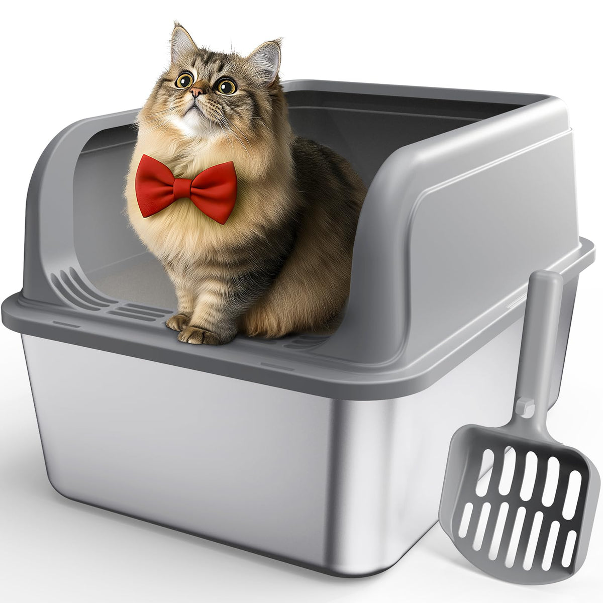 Powools Stainless Steel Cat Litter Box with Scoop, Grey, Medium