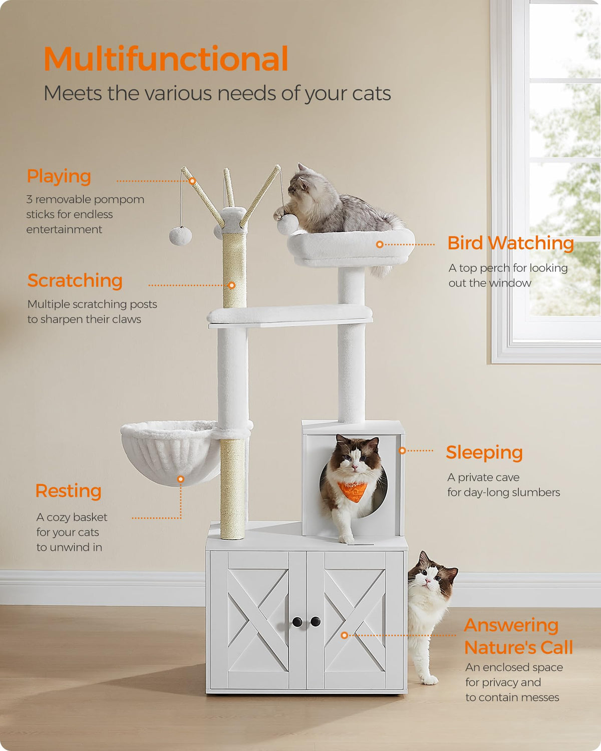 Feandrea WoodyWonders Litter Box Cat Tree, Cloud White, UPCT113W01