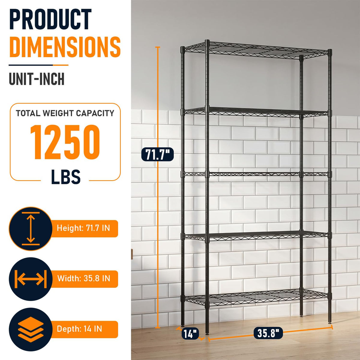 FDW Wire Storage Shelving Unit, Black, 36" x 14" x 72"