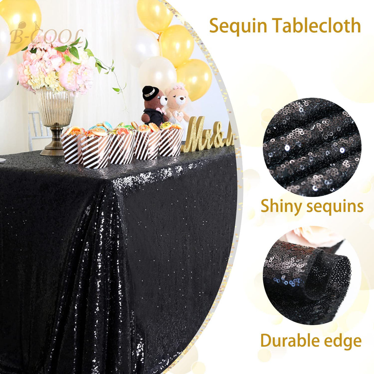 B-COOL Black Sequin Tablecloth, 50x80 Inch