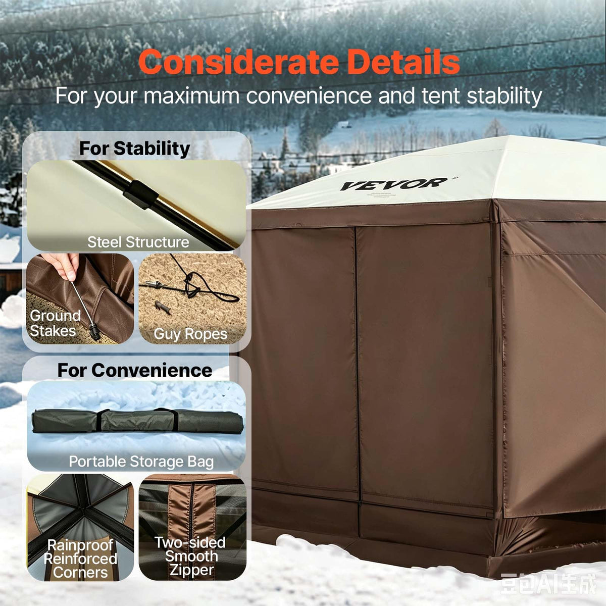 VEVOR 6-Sided Pop-Up Gazebo Screen Tent, 12' x 12', Brown & Beige