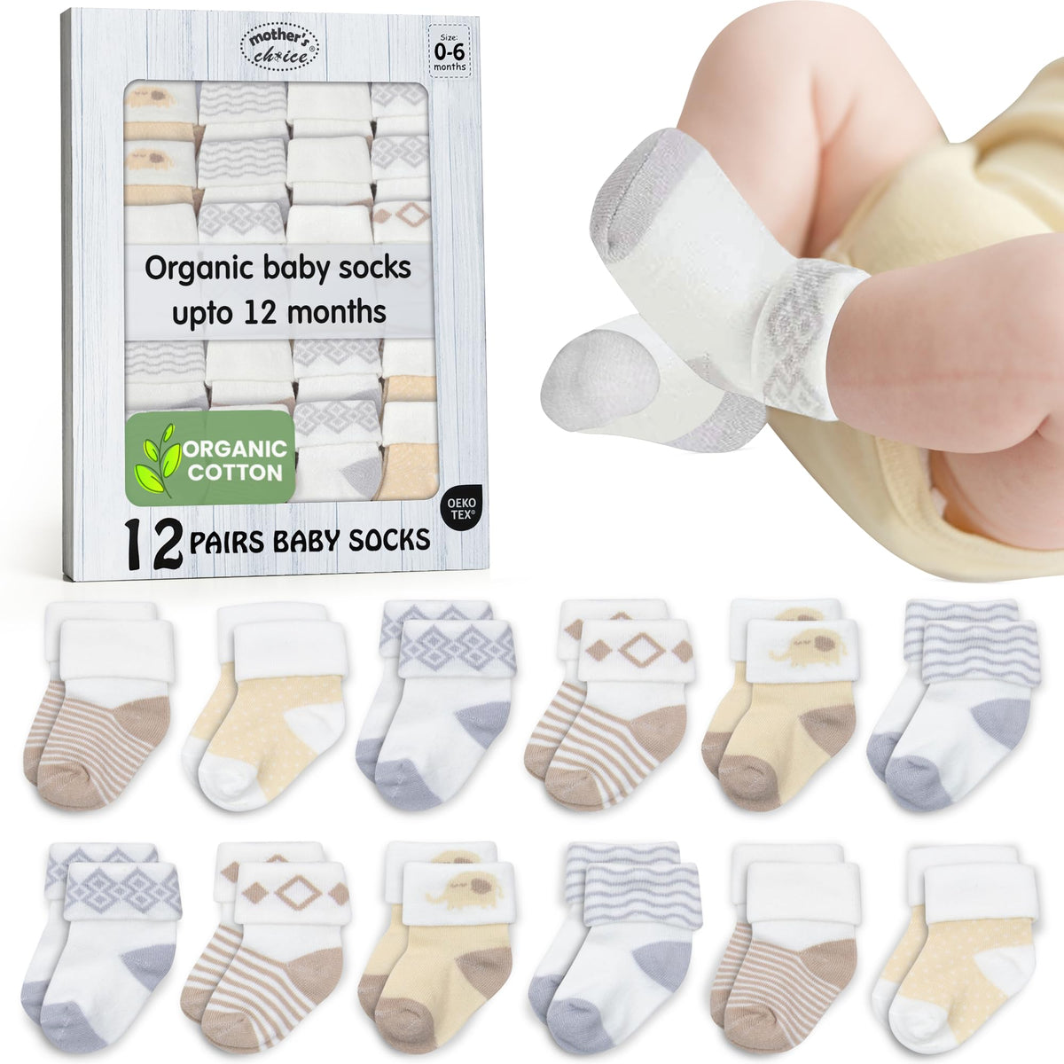 Mother's Choice Organic Cotton Baby Socks, 0-6 Months (12 Pairs)