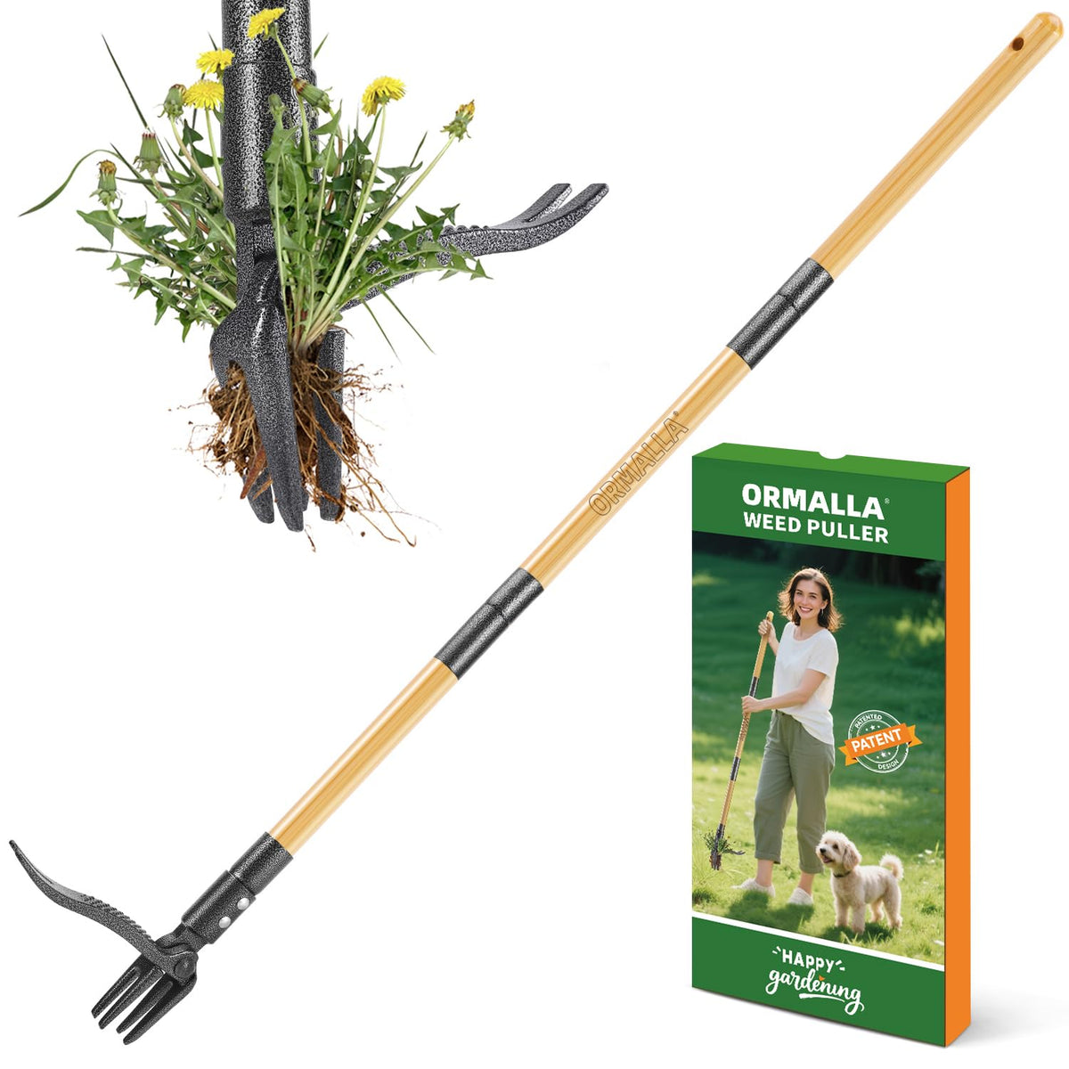 Ormalla Stand Up Weed Puller, 43.7 in, Bamboo Handle, 4 Claws