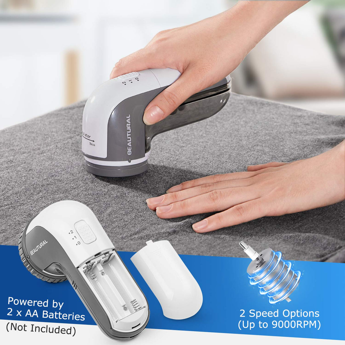 BEAUTURAL Fabric Shaver and Lint Remover, 2 Speeds, Battery Operated