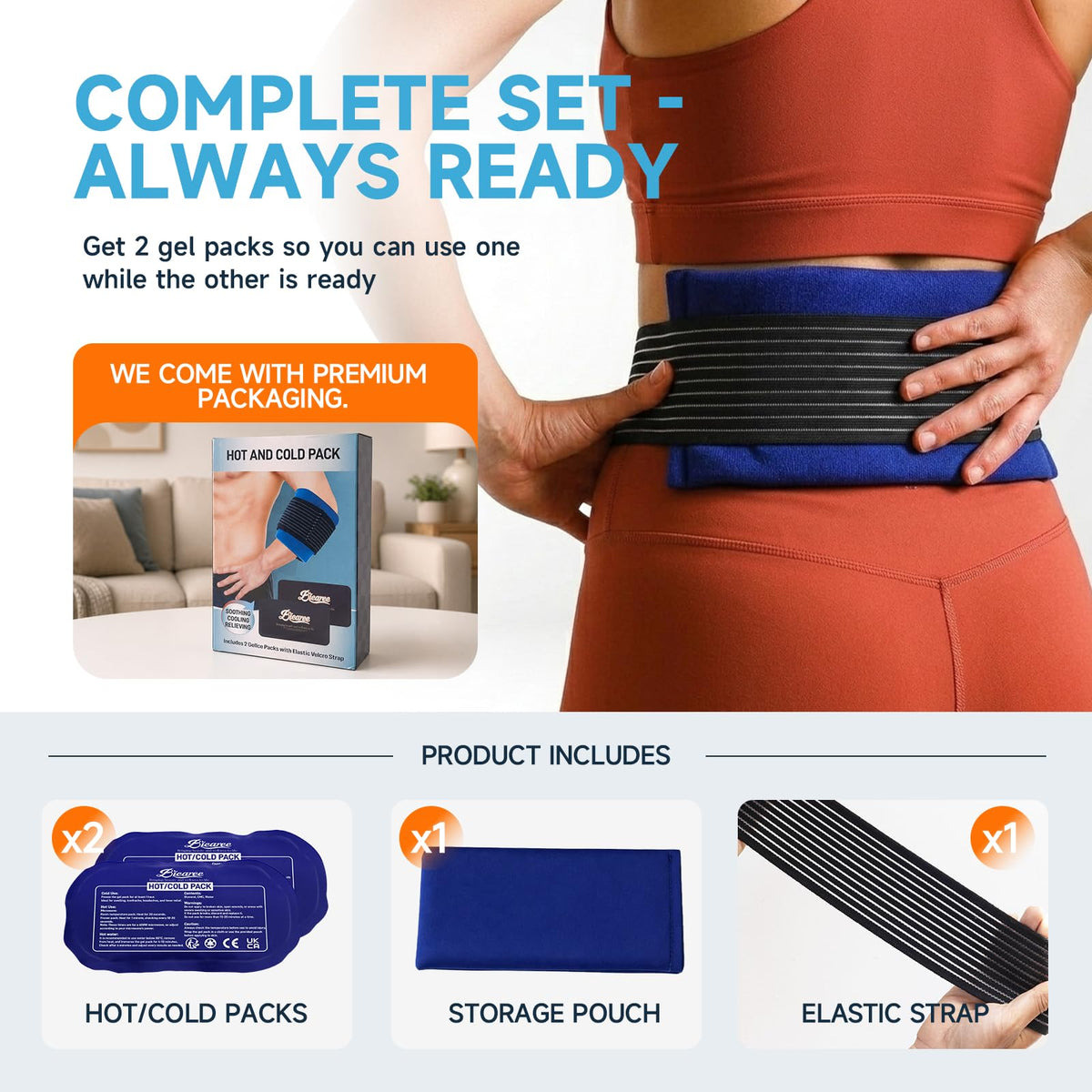 Bicaree Reusable Cold Gel Ice Packs, 3-Piece Set