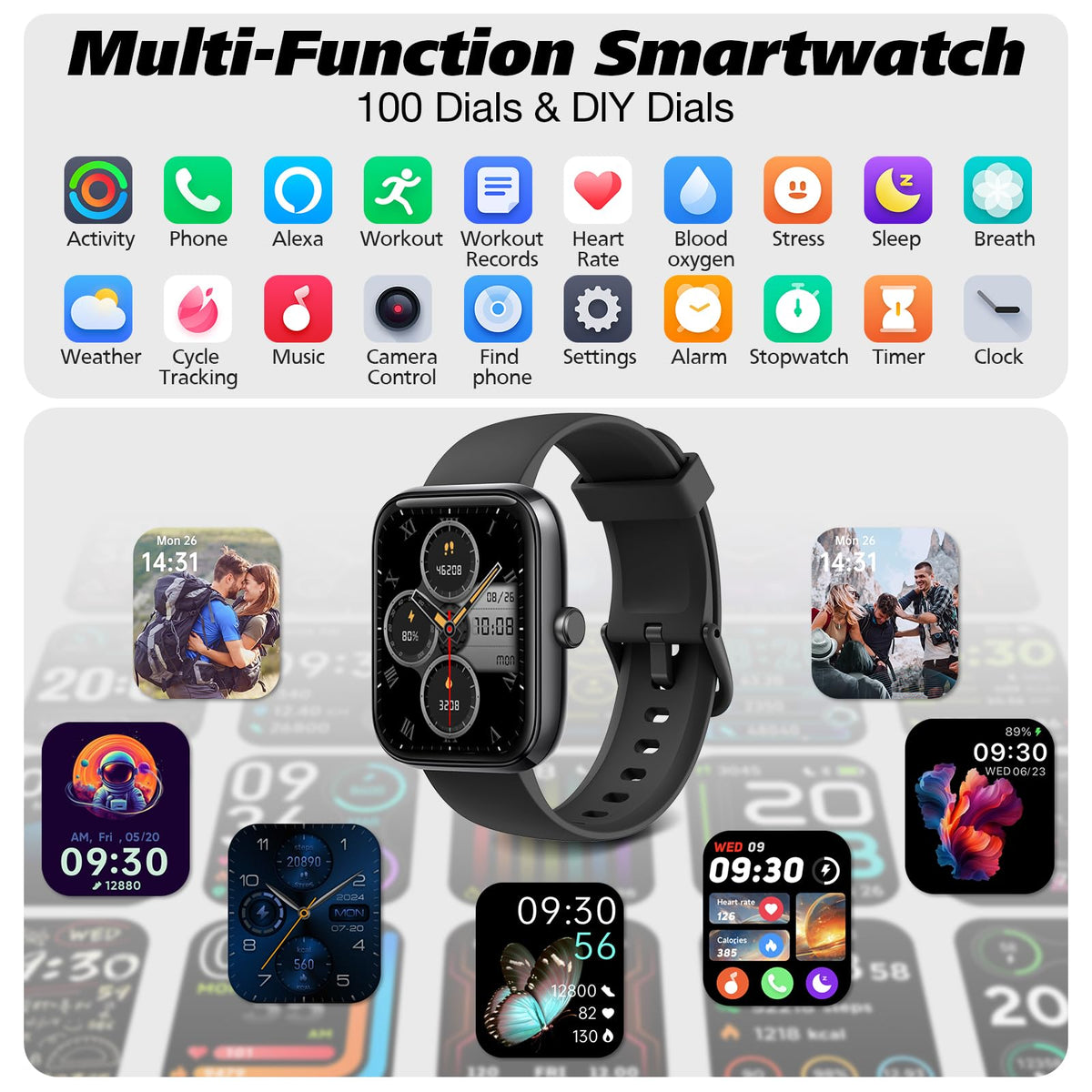 VRPEFIT 1.83-Inch Smart Watch with Calling and Alexa, Soft Black