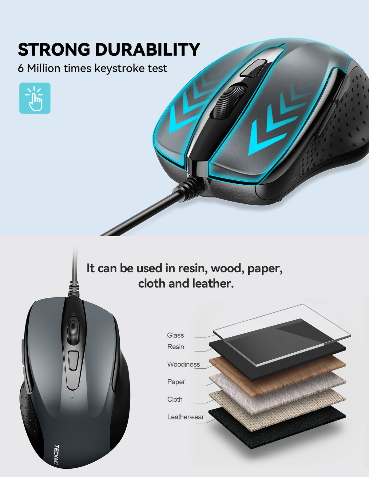 TECKNET USB Wired Mouse, 6-Button, 4 Adjustable DPI, 5FT Cord, Gray