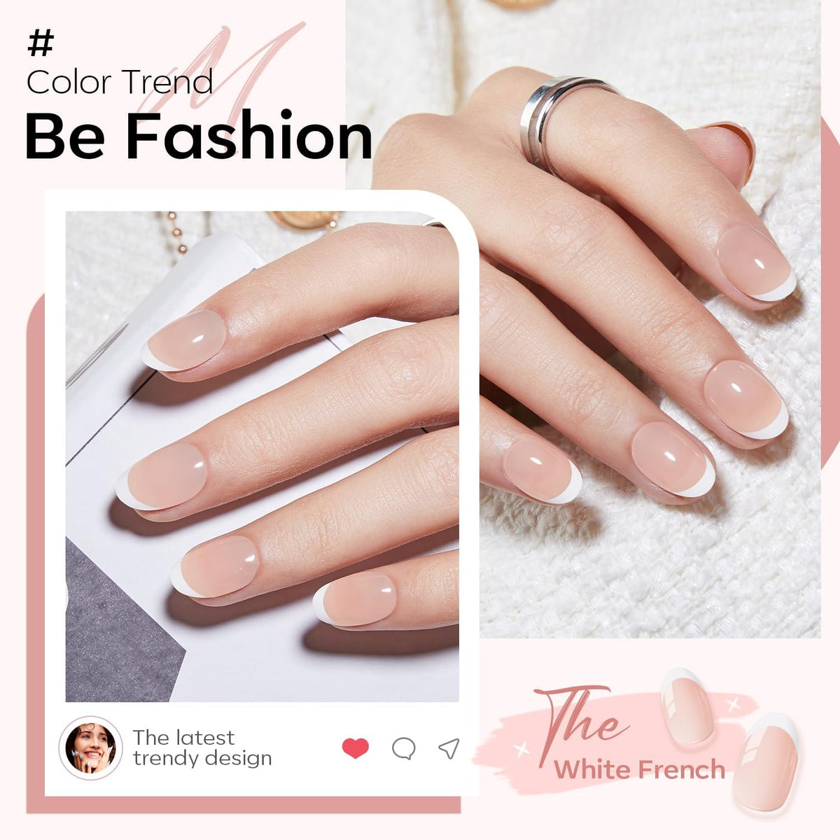 Modelones French Tip Press On Nails, Short Oval, 32 Pieces, Nude