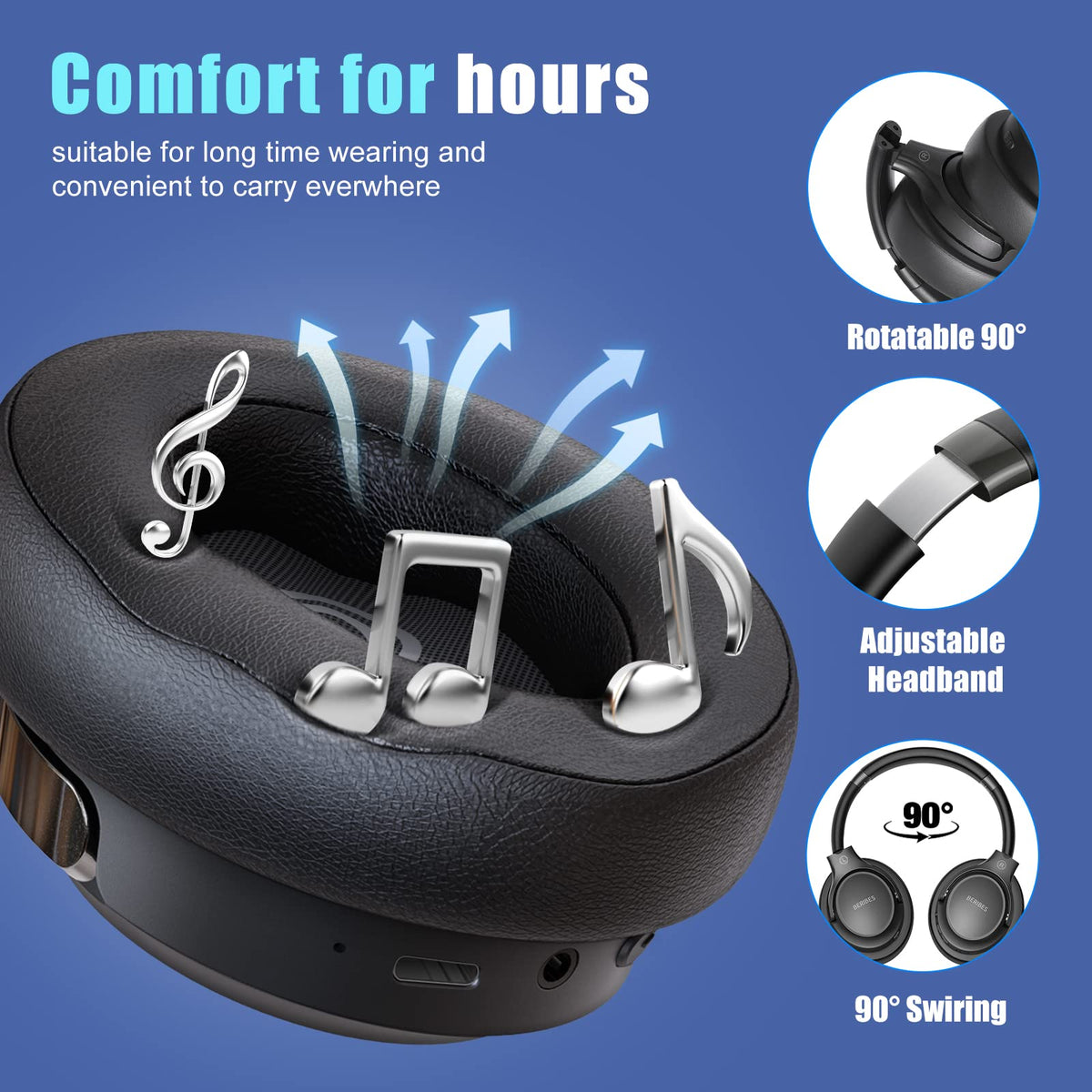 BERIBES Foldable Wireless Over-Ear Headphones with Mic, Black