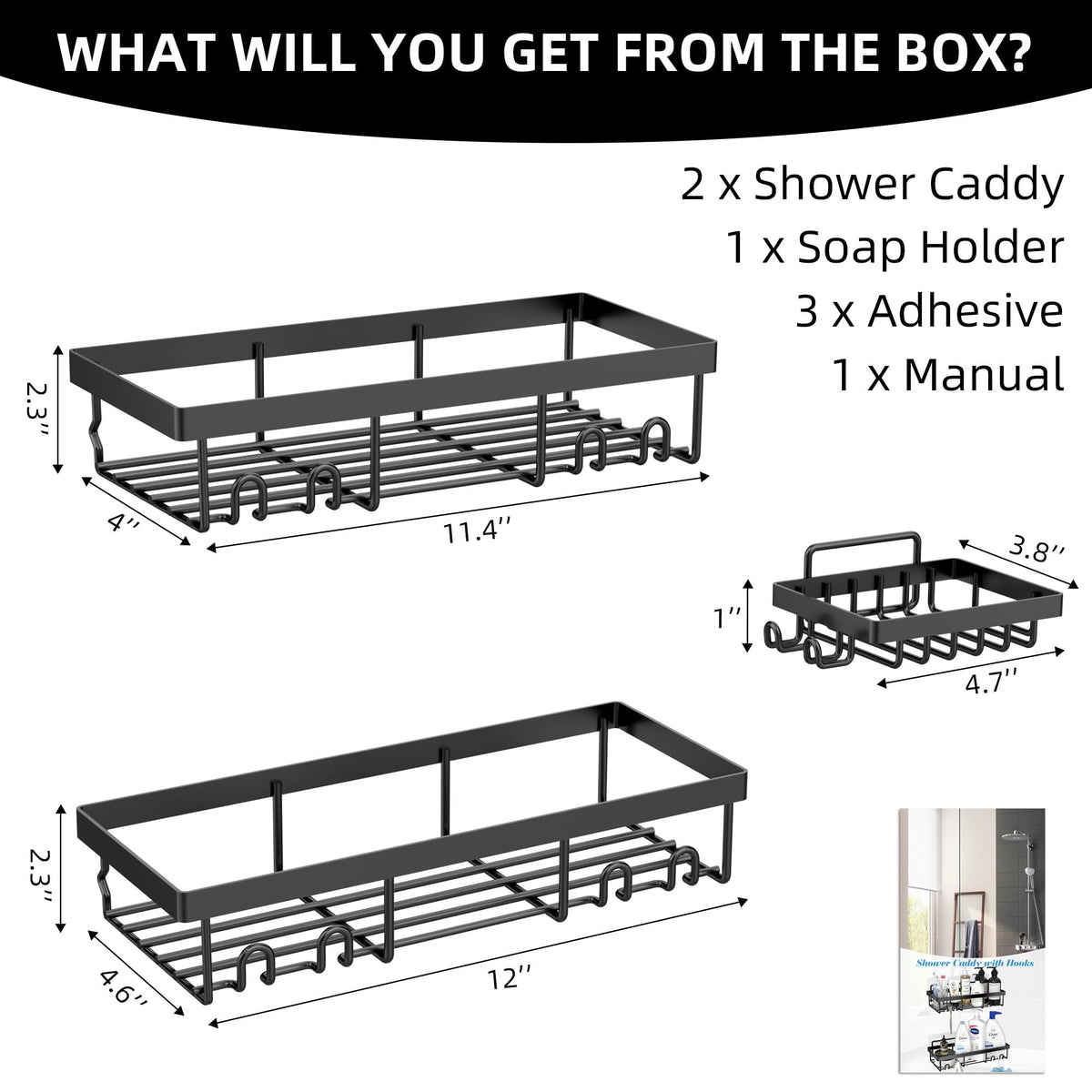 MOFOROCO Adhesive Shower Caddy with Soap Holder, Black (3 Pack)