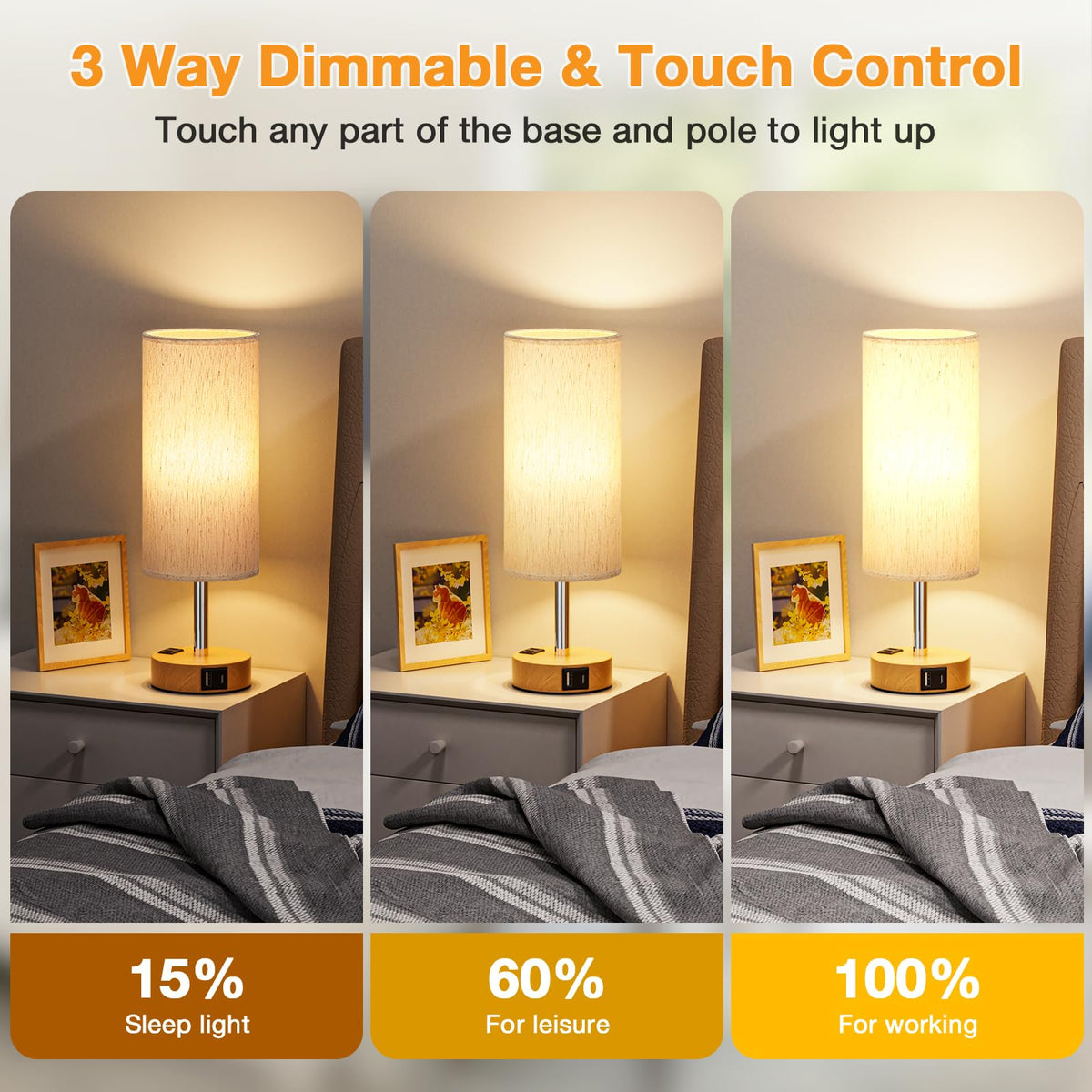 Touch Dimmable Bedside Table Lamps with USB Ports, Set of 2